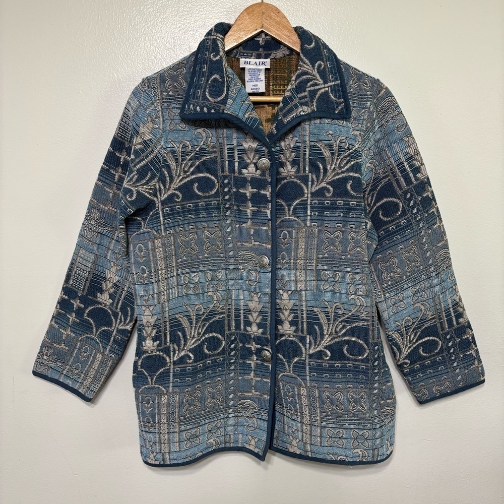 Blair Blue Earthy Tapestry 3 Button Mid Length Medium Weight Jacket Size M